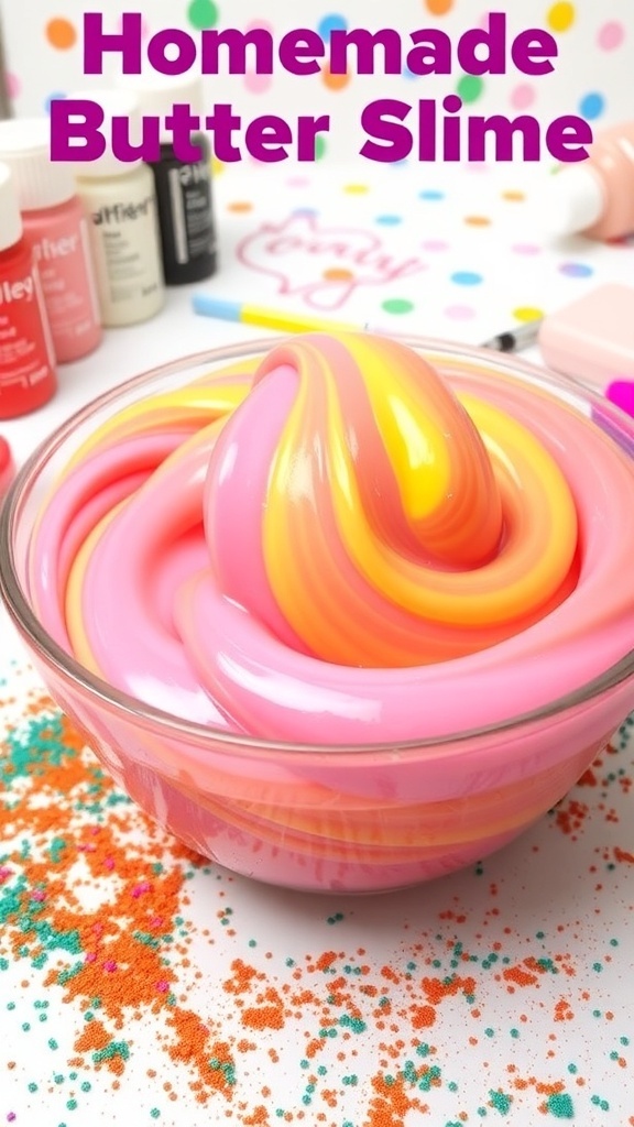Homemade Butter Slime Recipe A bowl of colorful butter slime with crafting supplies around it.